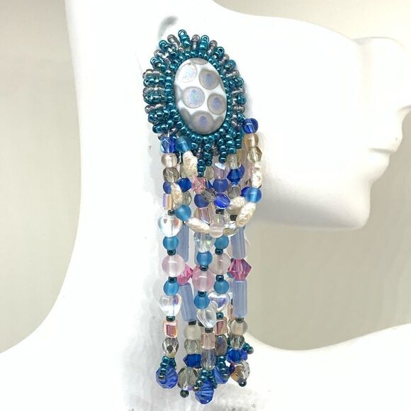 Blue pink ab iridescent festoon chandelier hand beaded large pierced earrings - Picture 8 of 12